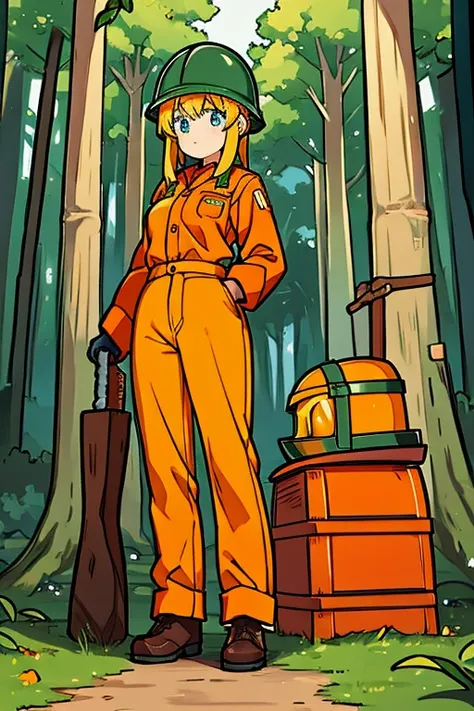 forestry、girl、in the forest、Orange workwear、Boots、gloves、logging、Long trousers、Helmet、Mulberry