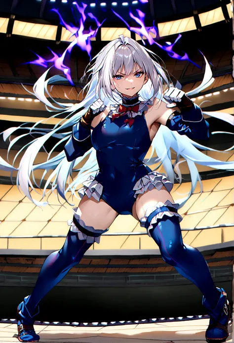 1girl, full body,dark aura,evil smile, 1girl,(silver hair:1.4),very long hair,(arena:1.4), frilled choker, red bowtie, blue one-...