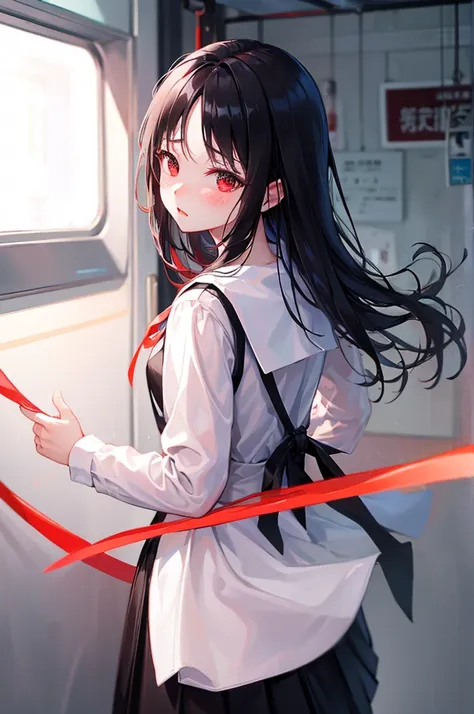 black hair、red ribbon、medium hair、pull down your panties、take off your panties、black skirt、turning around、on the train、strap、loo...