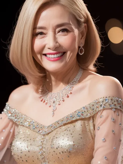 (Solo:1.3),8K, Best quality, Masterpiece, Realistic, Super detail, f/1.2, 85mm, Nikon, Smiling woman with shiny hair, Natural makeup, 67 years old woman, red off-shoulder tops，Ruffled sleeves, Diamond pendant necklace, Emphasize chest, waist shot,