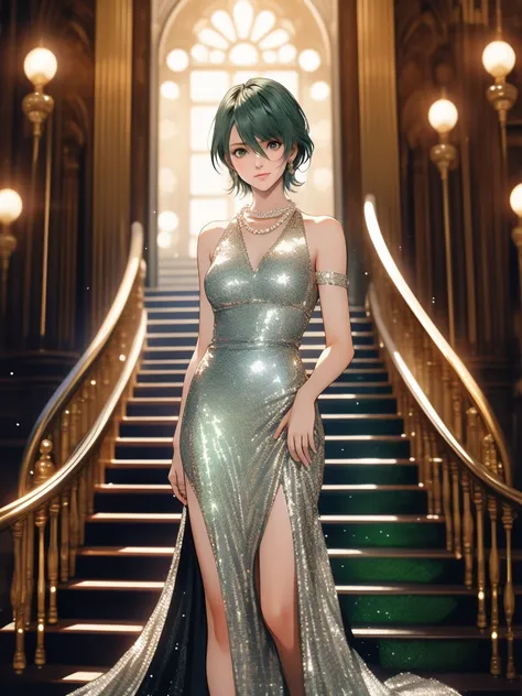 1woman, tamaki, green short hair, hair between eyes, Thin eyebrows, detailed eyes, Small Head, (silver sequined dress:1.2), (smile:1.2), Pearl Necklace, standing on the grand staircase,