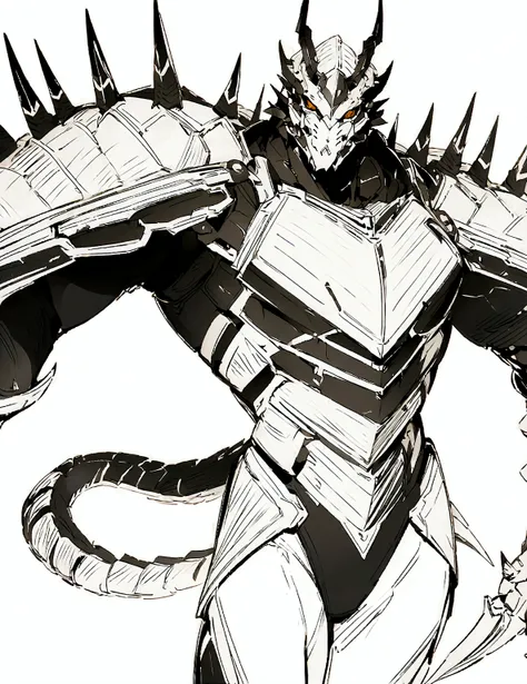 a drawing of a man with a large horned head and a sword, dragon cyborg, cyborg dragon portrait, sharp robot dragon claws, with s...