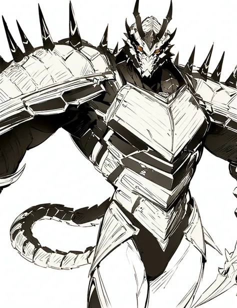 a drawing of a man with a large horned head and a sword, dragon cyborg, cyborg dragon portrait, sharp robot dragon claws, with s...