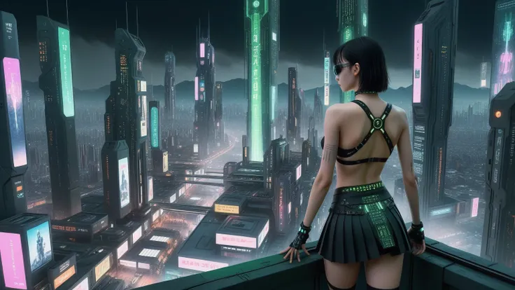 (((aerial view))) of a sprawling cyberpunk cityscape, towering skyscrapers, a lot of neon lights and holographic billboards, fut...