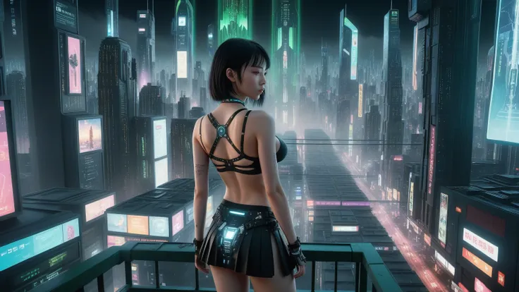 (((aerial view))) of a sprawling cyberpunk cityscape, towering skyscrapers, a lot of neon lights and holographic billboards, fut...