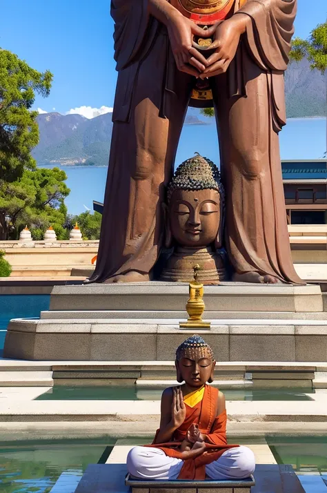 Create an image of a 17-year-old high school girl with the face of Buddha and a human body.She is performing a technical movement, such as a complex dance or martial arts maneuver. The background is an oasis, with palm trees, a serene water body, and a cle...