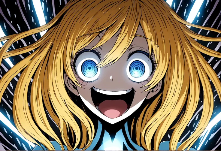 Too many Crazy eyes laughing Yandere Crazy anime woman. Looking. Blue Shining eyes. Yellow hair, Leds