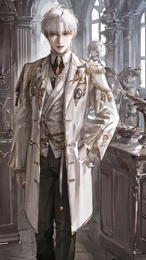 anime boy with white hair and black jacket , boy with white hair, prince, wearing gold jewelry, ducal clothes, in a castle, standing figure, brown eyes, elegant