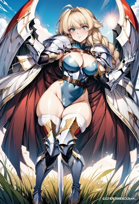 ((highest quality)), ((masterpiece)), ((hyperrealistic)), (detailed background), solo, 1girl, ((curvy: 1.2)), kawaii, female knight with a spear, ((armored dress)), langrisser, blonde braided long hair, Ahoge, (paladin armor), ((Tight-fitting leotard bodys...