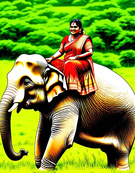 large  indian woman riding big elephant in grass meadow.