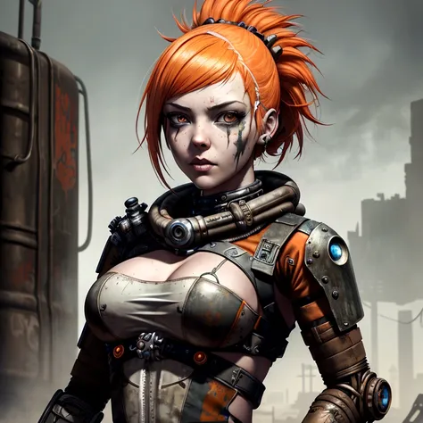 A highly detailed and realistic skull girl,( Anya. Taylor Joy) cyberpunk character, mad max furiosa, one hand robot, cyborg arm, orange hair, dramatic metal heavy rock theme, best quality, 8k, hyperrealistic, photorealistic, extreme detailed painting, stud...