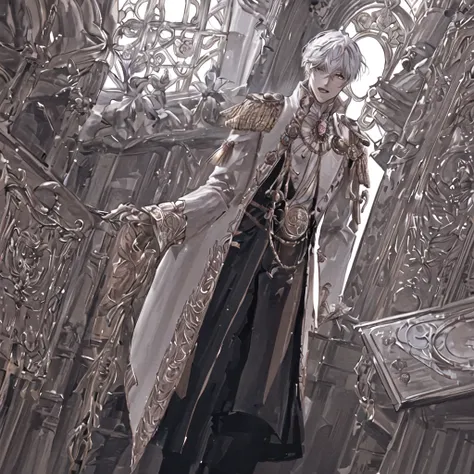 anime boy with white hair and black jacket , boy with white hair, prince, wearing gold jewelry, ducal clothes, in a castle, standing figure, brown eyes, elegant