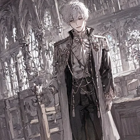 anime boy with white hair and black jacket , boy with white hair, prince, wearing gold jewelry, ducal clothes, in a castle, standing figure, brown eyes, elegant