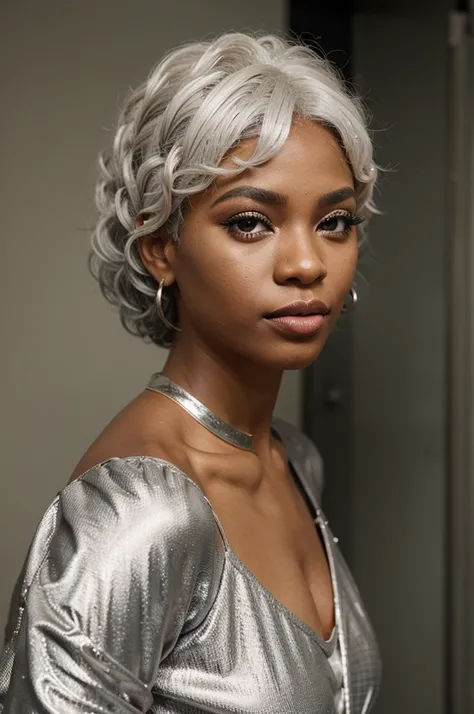 black American hair model girl, short tube silver color frock, makeups, lipstick, eye lashes, curly white hair, looking side ,modeling poses