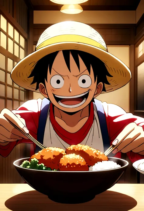 One piece universe. Luffy anime character, eating many bowls of rice and fried poulet katsu in a modern asian restaurant. happy attitude. smile