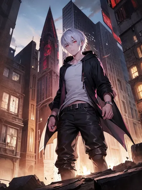 A front of a young man with white hair, red eyes and masculine face. Wearing a black hoodie with purple details. he is in a destroyed city, totally empty. Dungeons and Dragons art direction, studio ghibli Style, light brushstrokes