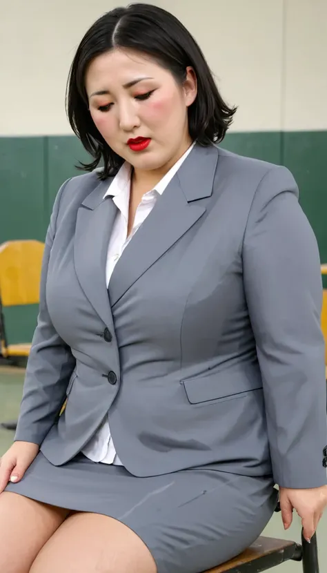 1woman,(masterpiece:1.8),photo-realistic,16k,(beautiful 40s japanese plump lady:1.3),(business suits:1.6),(blouse:1.5),pumps,(whimpering:1.6),(panicking:1.6),(crying:1.7),(School gymnasium,pipe chair:1.4),sitting,(wetting:1.5),(dripping pee:1.4),long hair,...