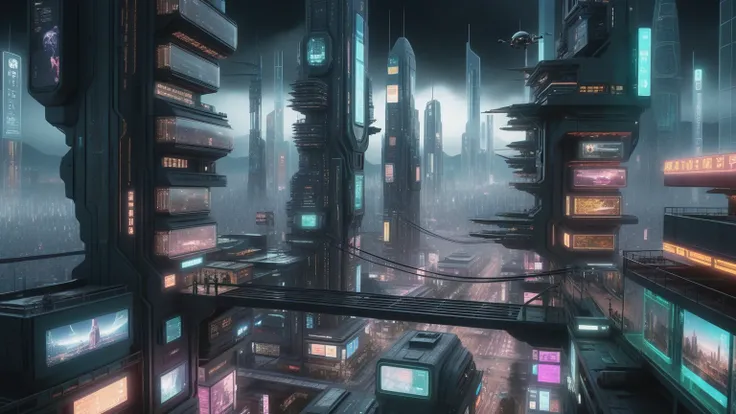 (((aerial view))) of a sprawling cyberpunk cityscape, all-glass towering skyscrapers, a lot of neon lights and holographic billb...