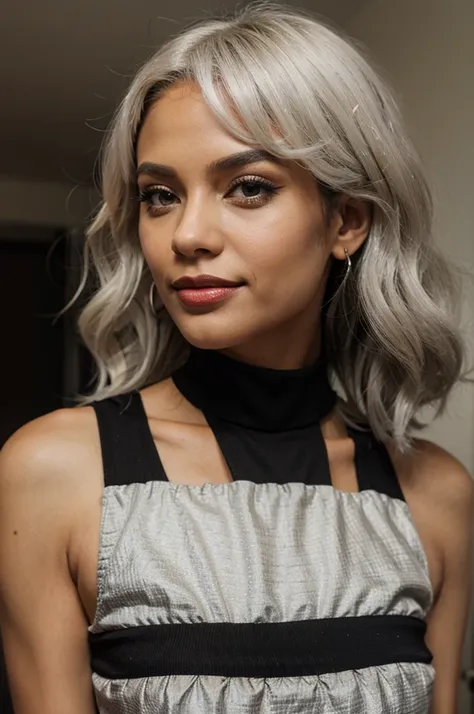 black American hair model girl, short tube silver color frock, makeups, lipstick, eye lashes, curly white hair, looking side smile, whole body
