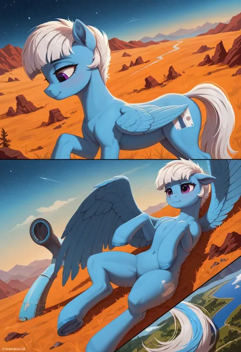 score_9, score_8_up, score_7_up, feral, pale body, female, pegasus, light_blue body, blue body,  short straight bangs, short hair, white mane with blue stripe, white tail with bright blue and light blue stripes, purple eyes, pointed ears, large feathered w...