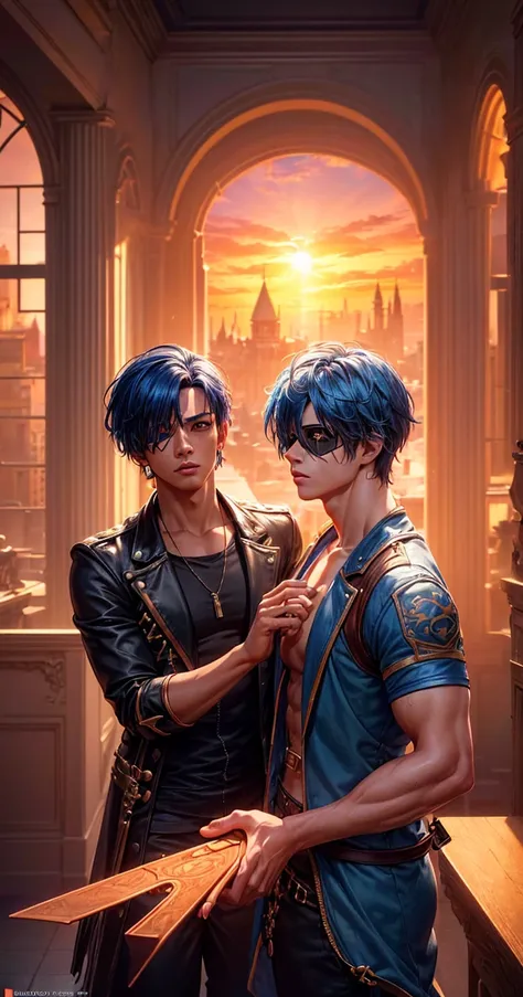 (1 male, young man, tan skin, eyepatch on right eye, blue hair), dramatic lighting, detailed, masterpiece, standing in front of the castle, sunset light, red and orange sunset tones, (best quality, 4k, 8k, highres, masterpiece:1.2), ultra-detailed, (realis...