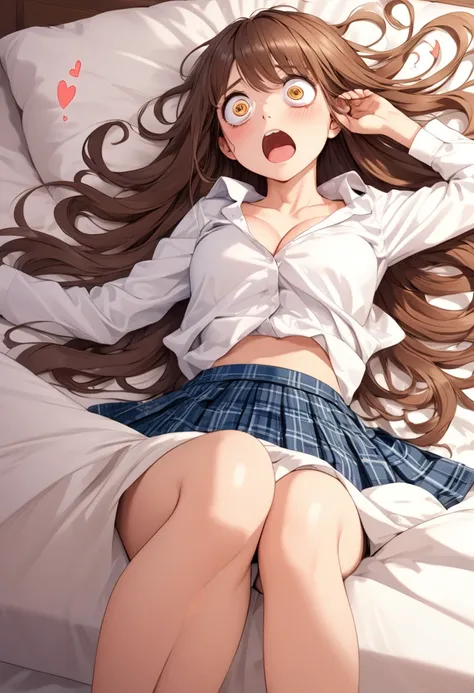 detailed illustration, dynamic angle, ultra-detailed, illustration, 1girl, 18 year old, school girl, wavy brown hair, long hair, bright brown eyes, hearts, white shirt, blue plaid skirt, cleavage, flush, blush, arousal, laying on bed, drunk, dizzy, swirl e...