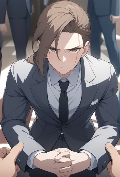 extremely detailed CG unit wallpaper, artwork, best quality, ultra-detailed, best illustration, best shading, absurd, Tendou, necktie, brown hair, formal ponytail, suit, scar, brown eyes, black necktie, 1 boy, long hair, shirt, looking at viewer, solo focu...