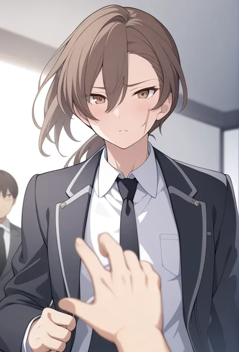 extremely detailed CG unit wallpaper, artwork, best quality, ultra-detailed, best illustration, best shading, absurd, Tendou, necktie, brown hair, formal ponytail, suit, scar, brown eyes, black necktie, 1 boy, long hair, shirt, looking at viewer, solo focu...