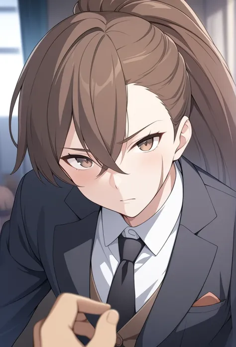 extremely detailed CG unit wallpaper, artwork, best quality, ultra-detailed, best illustration, best shading, absurd, Tendou, necktie, brown hair, formal ponytail, suit, scar, brown eyes, black necktie, 1 boy, long hair, shirt, looking at viewer, solo focu...