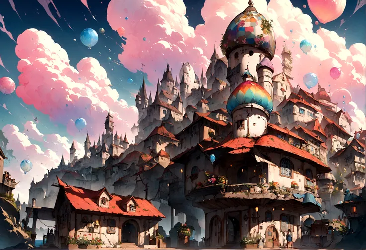 color (Dream Story: 1.2), (Hayao Miyazaki style), (irregular buildings, Things that float on the sea), Patchwork hat, Floral decoration, Light, Concept drawing inspired by Andreas Rocha, Artstation Contest Winners, Dream Story-Kunst, (an underwater city), ...