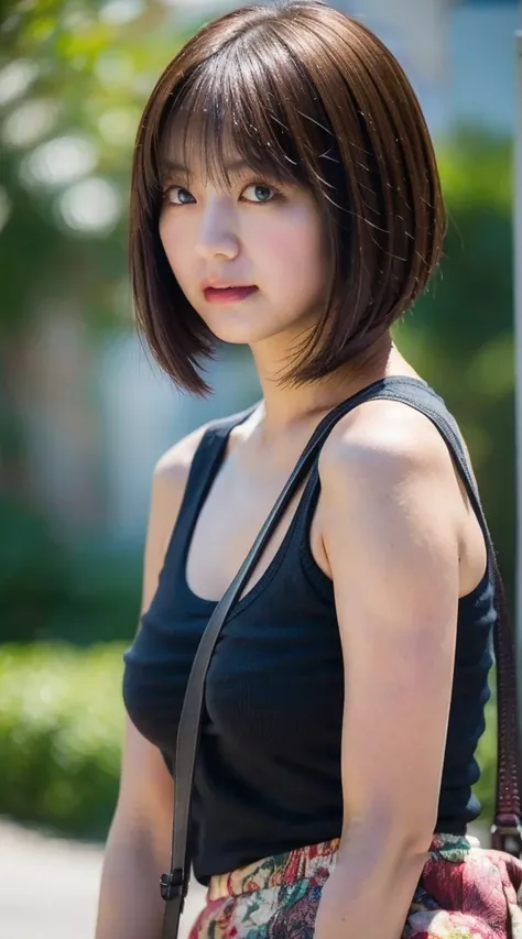  Highest quality, shape, Very detailed, finely, High resolution, 8k wallpaper, 完璧なダイナミックな構shape, Beautiful and exquisite,  Natural Lip, whole body, front,Shyness、Embarrassed expression、Large Breasts、Slightly sagging breasts、Bob Cut Hair、University classroo...