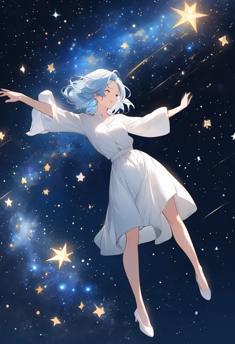 Character (adult woman) (light blue hair) (white dress-style clothing) (character in dynamic pose) (full body in frame) (starry night sky background)