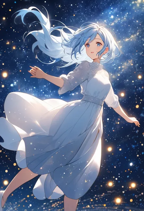 Character (adult woman) (light blue hair) (white dress-style clothing) (character in dynamic pose) (full body in frame) (starry night sky background)