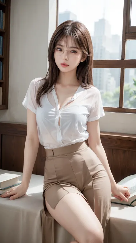 8K, Highest quality, masterpiece, Ultra-high resolution, (Realistic:1.4), whole body、RAW Photos, ((Long brown straight hair, See-through bangs))), Beautiful Details 1 Girl, (Realistic:1.4), High-resolution RAW color photos, Professional photos, Highly deta...