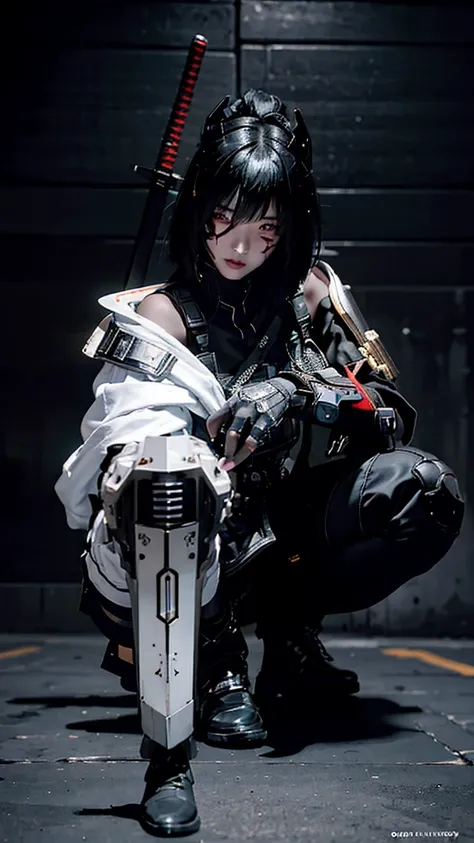 Surreal version of a woman kneeling down on one knee with sword in hand, very beautiful cyberpunk samurai,Sitting on one knee,Futuritic background,  cyberpunk anime art, cyberpunk samurai, cyberpunk city anime art, cyberpunk anime, cgsociety 9, digital cyb...