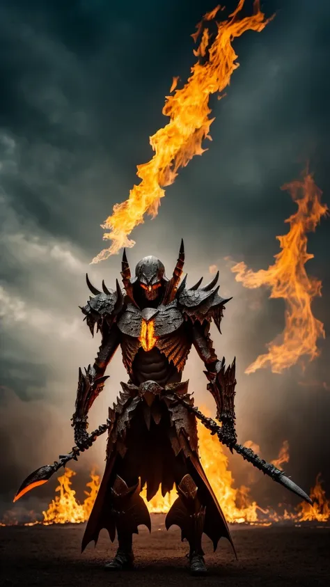 A skeletal demon, full body, standing in front. With fire in his head 