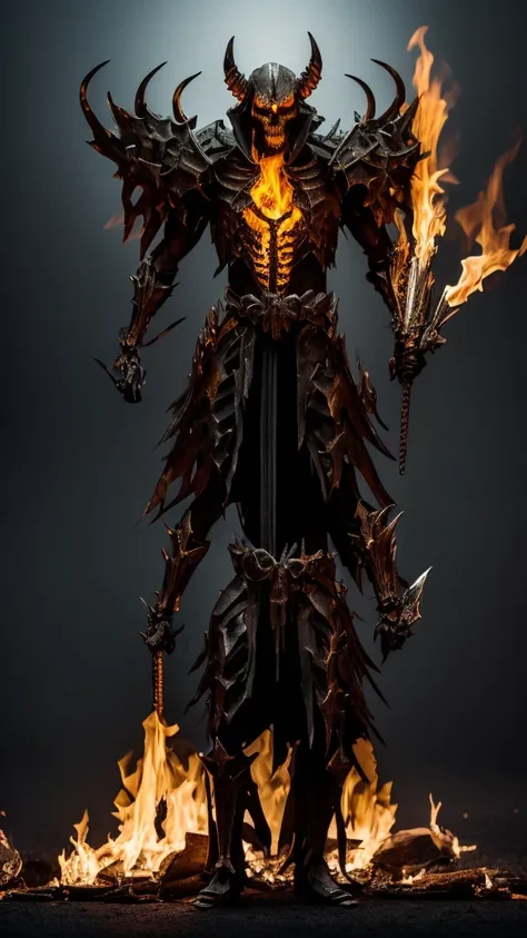 A skeletal demon, full body, standing in front. With fire in his head 