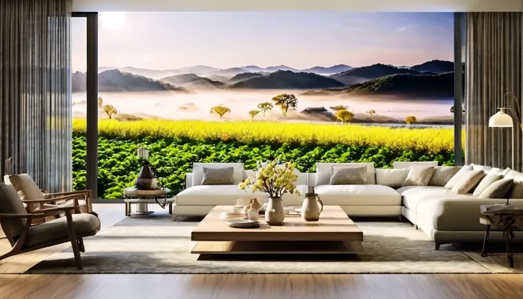 Rural view from the living room、Large living room、Real、Ultra-detailed landscapes、Portrait Photography、 Highest quality, Highly detailed 8k wallpaper, Beautiful details、Transcendently beautiful