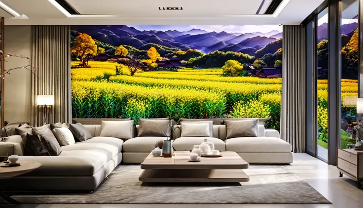 rural view from the living room、large living room、real、ultra-detailed landscapes、portrait photography、 highest quality, highly d...