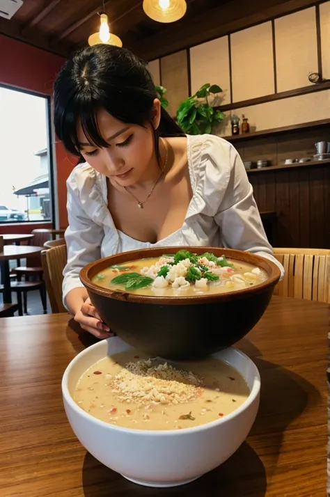 A bowl of thupka and momo on table in cafe 