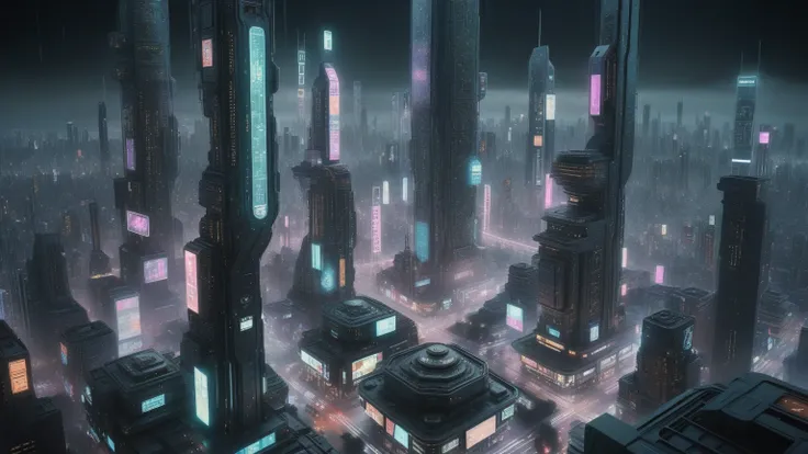 (((aerial view))) of a sprawling cyberpunk cityscape, all-glass towering skyscrapers, a lot of neon lights and holographic billb...