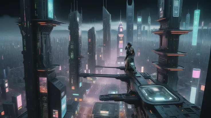 (((aerial view))) of a sprawling cyberpunk cityscape, all-glass towering skyscrapers, a lot of neon lights and holographic billb...