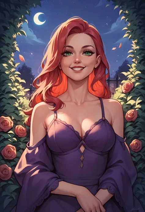 1 girl, Alone, long red hair, clear skin, old, green eyes, purple dress, smiling, looking at the viewer, background of a garden at night, but even the eyes 