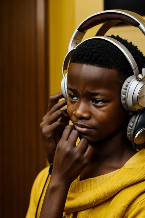 An African boy with long hair crying with his Disney style headphones