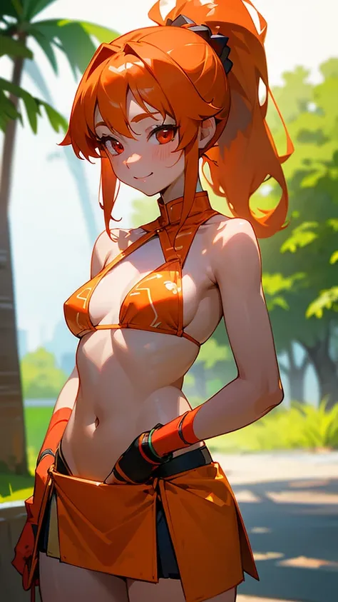 1 Girl、8K、Sharp focus、(Bokeh) (Highest quality) (Detailed skin:1.3) (Intricate details) (anime)、Orange Hair、ponytail、Beautiful red eyes、18-year-old、(Please put your hands on your hips)、chest、Slim figure、bikini、A pareo skirt with bold ethnic patterns and pl...