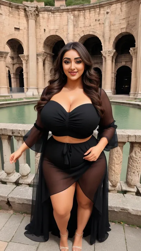 monali thakur Indian beautiful actress curvy plus size hour glass bulky huge figure woman, closeup camera view, big huge m-cup breast, wearing EVER-PRETTY Plus Split Sleeve Ruched Belted Chiffon Bridesmaid Dress , covered Bust , elegant standing position, ...