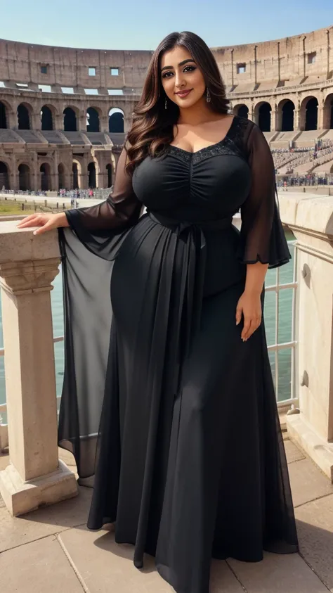 monali thakur Indian beautiful actress curvy plus size hour glass bulky huge figure woman, closeup camera view, big huge m-cup breast, wearing EVER-PRETTY Plus Split Sleeve Ruched Belted Chiffon Bridesmaid Dress , covered Bust , elegant standing position, ...