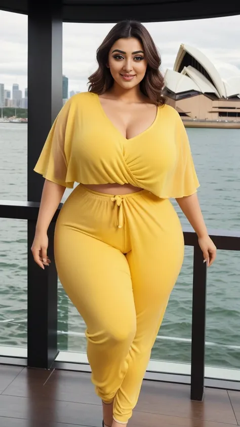 monali thakur Indian beautiful actress curvy plus size hour glass bulky huge figure woman, closeup camera view, big huge m-cup breast, wearing SHEIN LUNE Womens V-Neck Turn-Up Cuff Casual Plus Size T-Shirt Color: Yellow , covered Bust , elegant standing po...