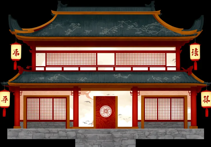 illustration of a traditional chinese building with lanterns and a clock, zen temple background, temple background, background d...