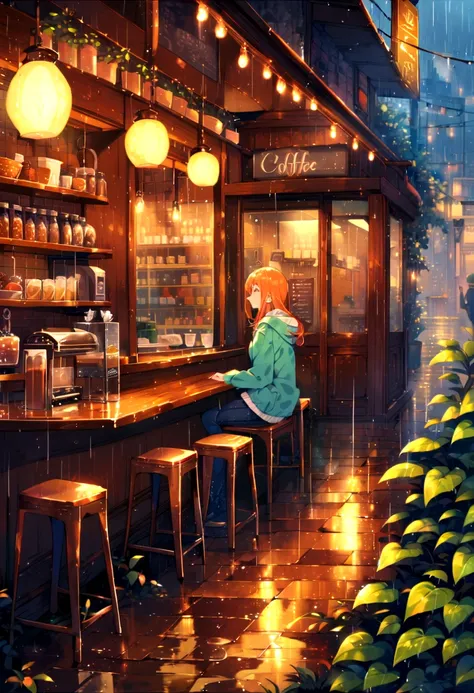 Inside the coffee shop, rain, Highest quality 